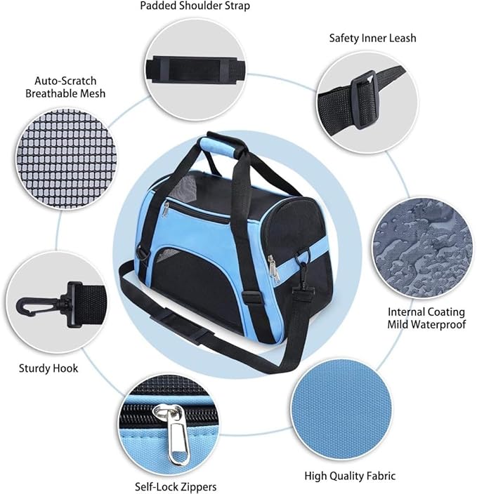 Portable Pet Travel Carrier Bag, Foldable Breathable Dog Cat Travel Tote with Comfortable Pad and Adjustable Shoulder Strap (18.5×9×13 inches, Blue & Black)