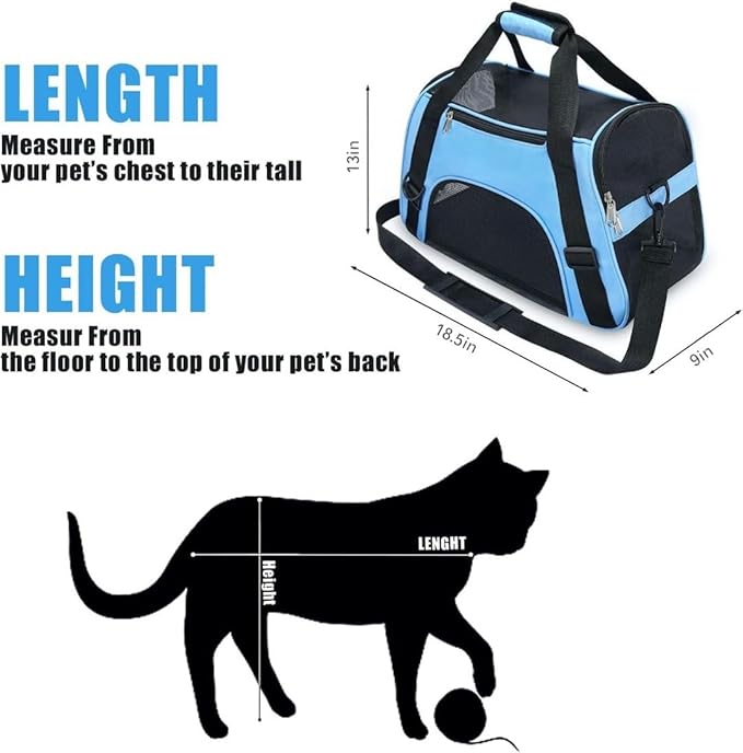 Portable Pet Travel Carrier Bag, Foldable Breathable Dog Cat Travel Tote with Comfortable Pad and Adjustable Shoulder Strap (18.5×9×13 inches, Blue & Black)