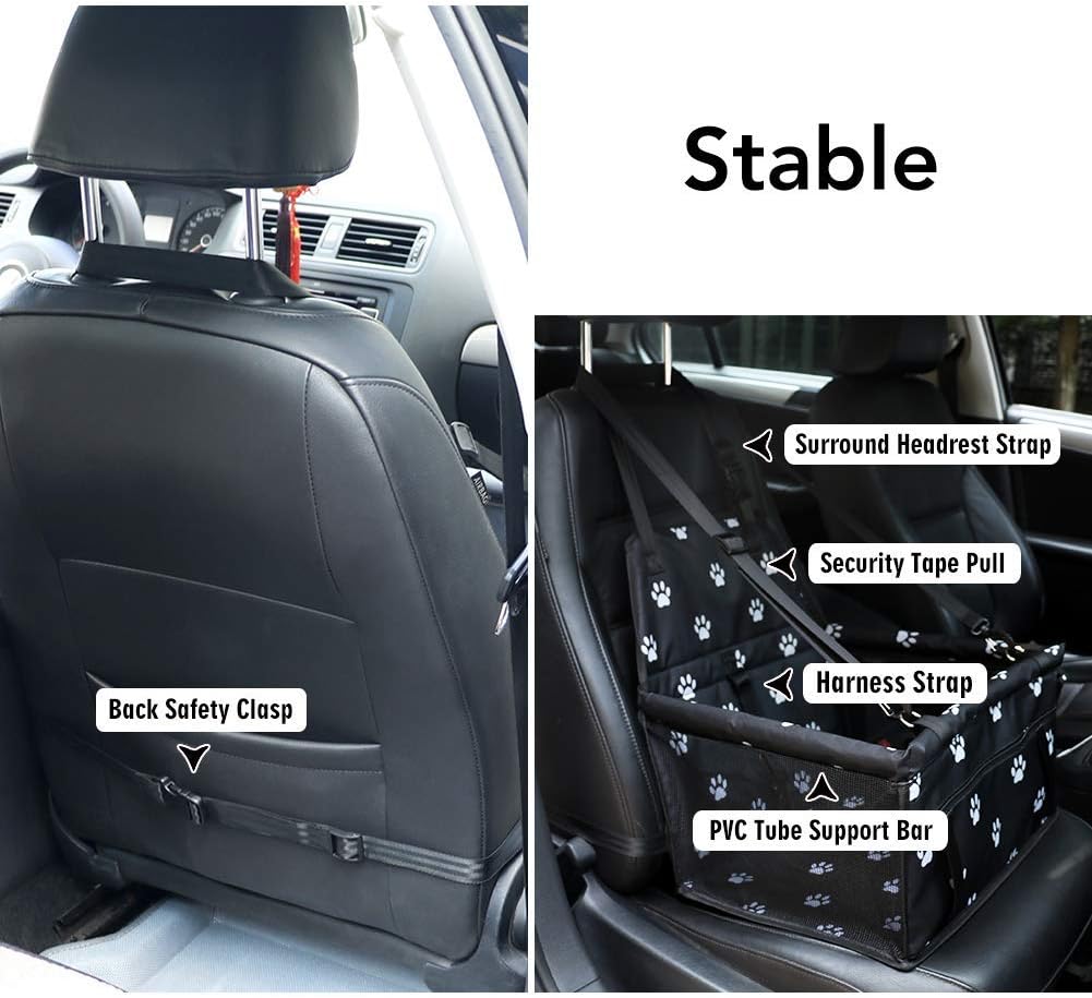 Portable Pet Car Travel Carrier, Foldable Dog Cat Booster Seat for Small Pets, Breathable & Secure Travel Bag with Safety Belt (Black Paw Print Design)