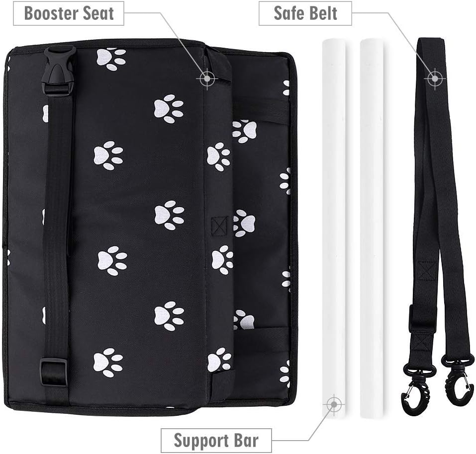 Portable Pet Car Travel Carrier, Foldable Dog Cat Booster Seat for Small Pets, Breathable & Secure Travel Bag with Safety Belt (Black Paw Print Design)