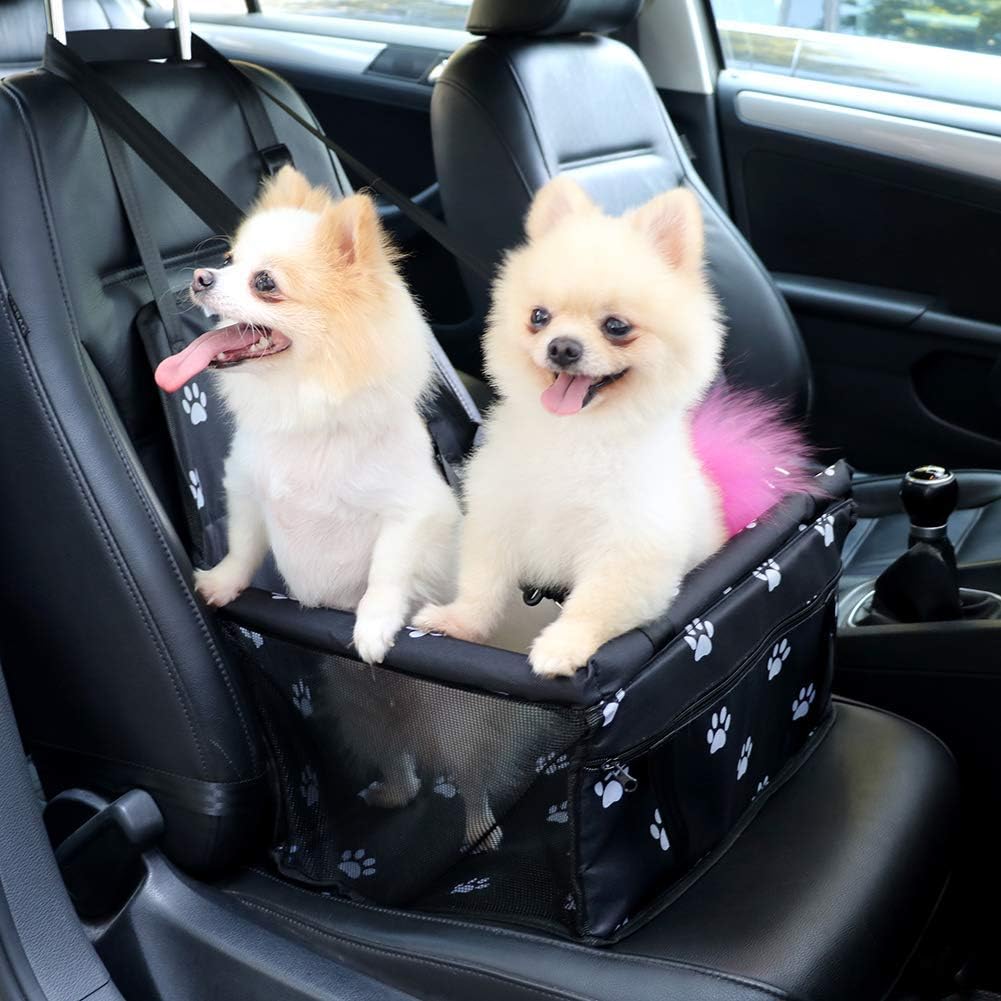 Portable Pet Car Travel Carrier, Foldable Dog Cat Booster Seat for Small Pets, Breathable & Secure Travel Bag with Safety Belt (Black Paw Print Design)