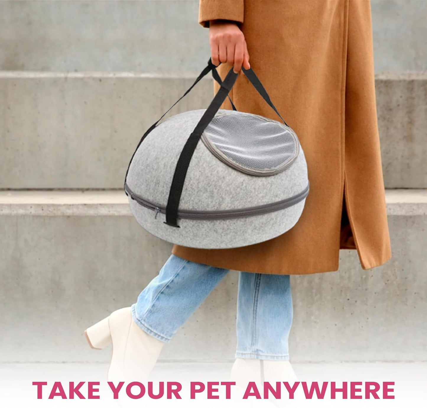 Round Felt Breathable Portable Pet Carrier, Handheld Travel Bag for Cats & Dogs, Comfortable & Concealed Pet Tote (Need to supplement specific dimensions, as not shown in the picture, can be added later according to actual measurement )