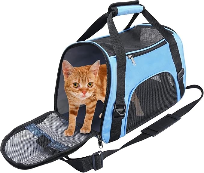 Portable Pet Travel Carrier Bag, Foldable Breathable Dog Cat Travel Tote with Comfortable Pad and Adjustable Shoulder Strap (18.5×9×13 inches, Blue & Black)