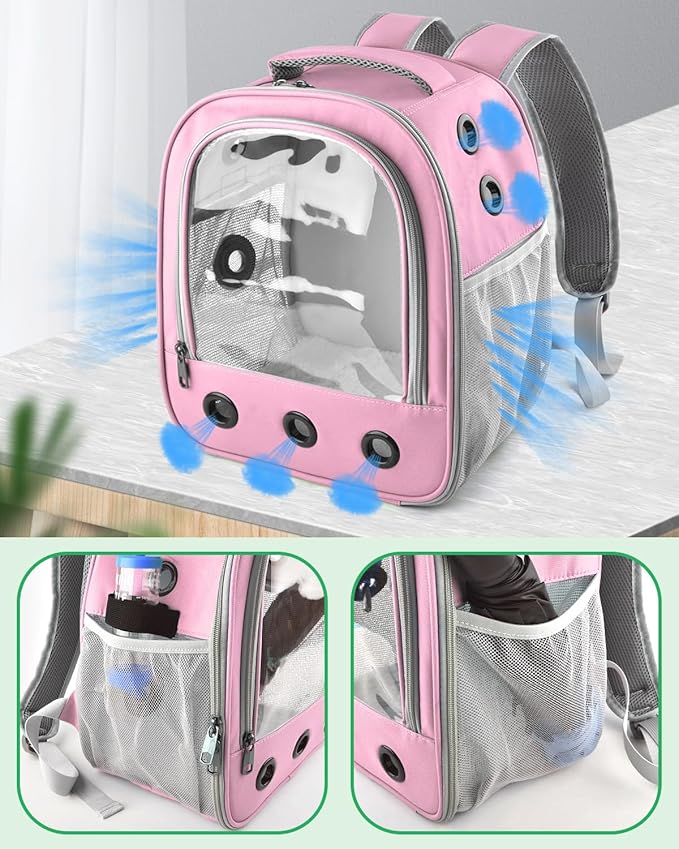 Pink Transparent Pet Backpack Carrier, Portable Dog Cat Travel Bag with Ventilation Holes and Mesh Pockets, Foldable Breathable Travel Backpack