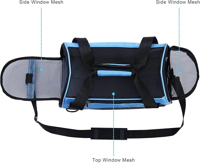 Portable Pet Travel Carrier Bag, Foldable Breathable Dog Cat Travel Tote with Comfortable Pad and Adjustable Shoulder Strap (18.5×9×13 inches, Blue & Black)