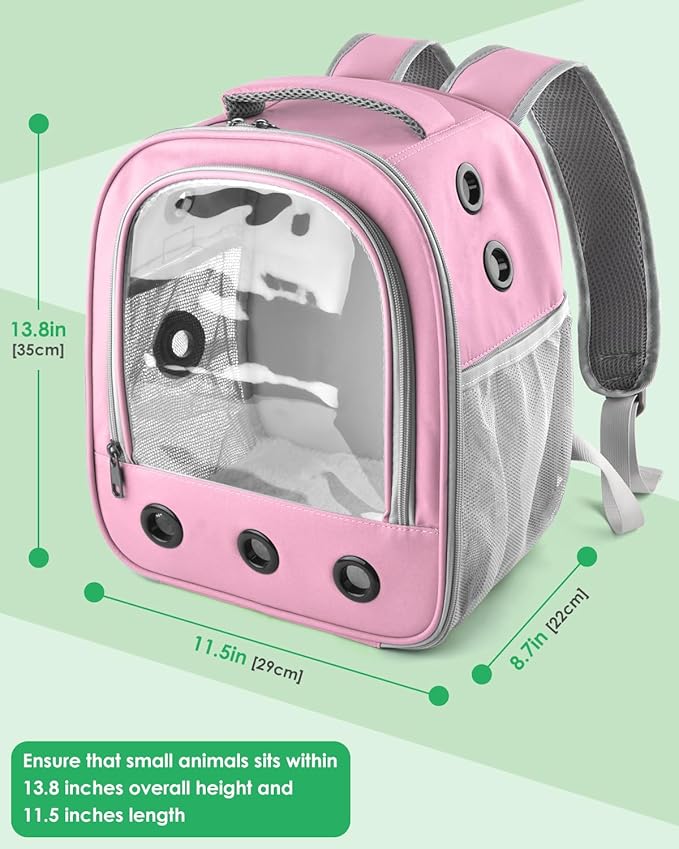 Pink Transparent Pet Backpack Carrier, Portable Dog Cat Travel Bag with Ventilation Holes and Mesh Pockets, Foldable Breathable Travel Backpack