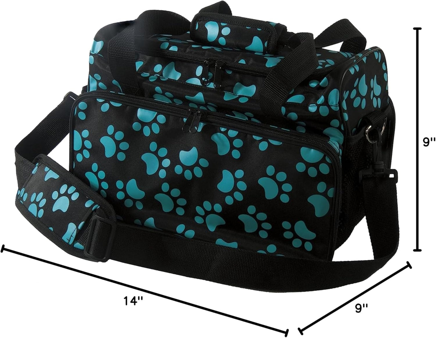 Portable Pet Travel Carrier Bag, Multi-Functional Dog Cat Tote with Breathable Mesh and Comfortable Padding, Stylish Paw Print Design (14×9×9 inches, Black & Blue)