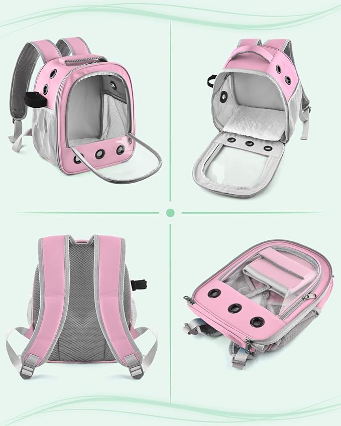 Pink Transparent Pet Backpack Carrier, Portable Dog Cat Travel Bag with Ventilation Holes and Mesh Pockets, Foldable Breathable Travel Backpack