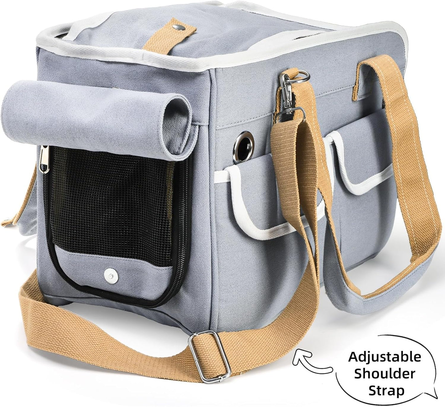 Portable Pet Travel Tote, Gray Canvas Dog Cat Carrier Bag with Shoulder Strap, Foldable Breathable Travel Bag with Multiple Pockets