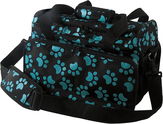 Portable Pet Travel Carrier Bag, Multi-Functional Dog Cat Tote with Breathable Mesh and Comfortable Padding, Stylish Paw Print Design (14×9×9 inches, Black & Blue)