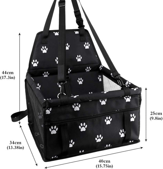 Portable Pet Car Travel Carrier, Foldable Dog Cat Booster Seat for Small Pets, Breathable & Secure Travel Bag with Safety Belt (Black Paw Print Design)