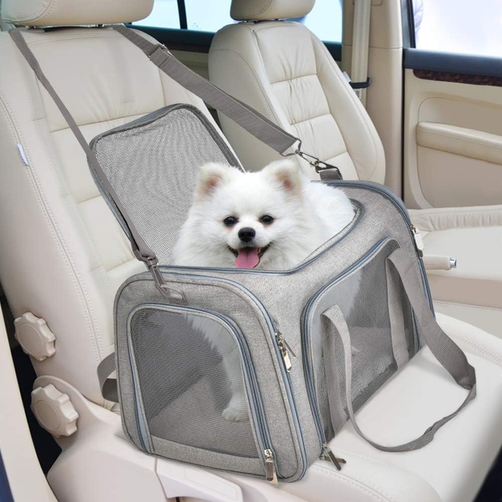 Portable Pet Travel Carrier Bag, Foldable Breathable Cat Dog Travel Tote with Soft Fleece Mat, Handheld & Shoulder Strap, Airline Approved (Gray, for Small Pets)