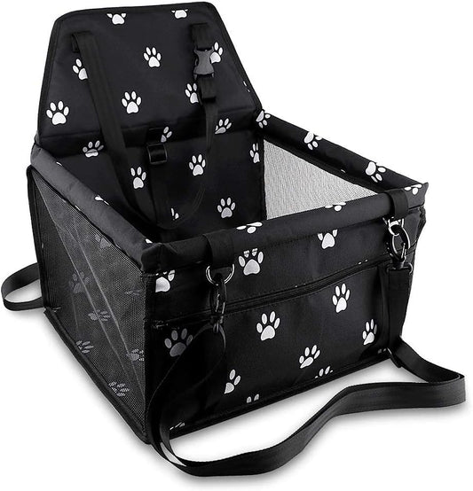 Portable Pet Car Travel Carrier, Foldable Dog Cat Booster Seat for Small Pets, Breathable & Secure Travel Bag with Safety Belt (Black Paw Print Design)