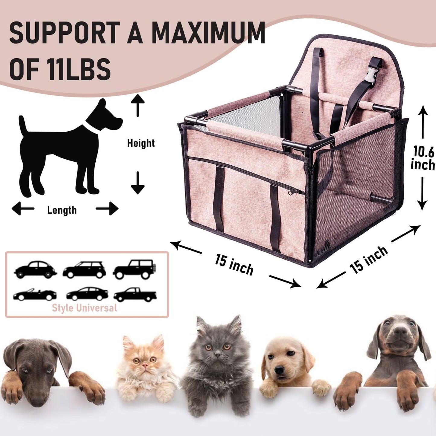 Universal Car Pet Safety Seat, 15×15×10.6 Inches, 11LBS Weight Capacity, Portable Car Seat for Cats & Dogs