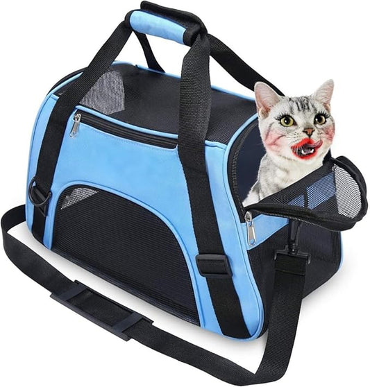Portable Pet Travel Carrier Bag, Foldable Breathable Dog Cat Travel Tote with Comfortable Pad and Adjustable Shoulder Strap (18.5×9×13 inches, Blue & Black)
