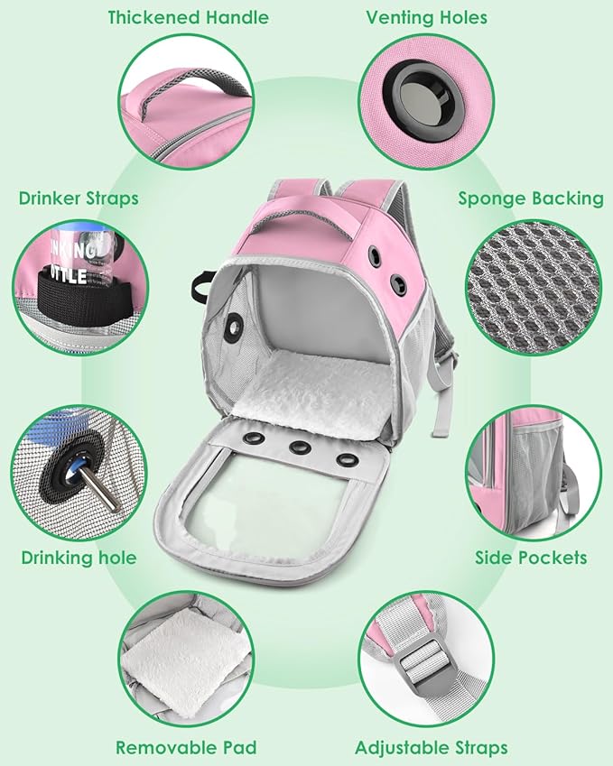 Pink Transparent Pet Backpack Carrier, Portable Dog Cat Travel Bag with Ventilation Holes and Mesh Pockets, Foldable Breathable Travel Backpack