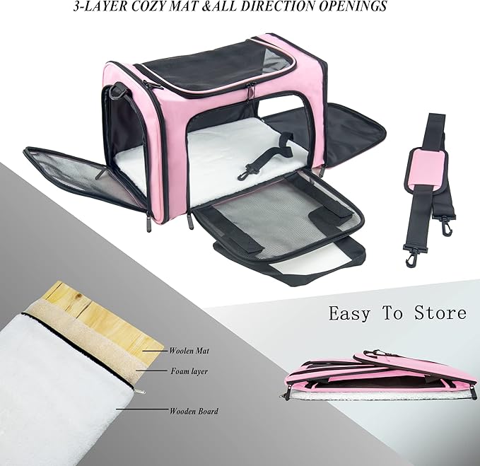 3 - Layer Cozy Mat Pet Carrier with All - Direction Openings, Foldable Portable Travel Bag for Cats & Dogs (Pink)