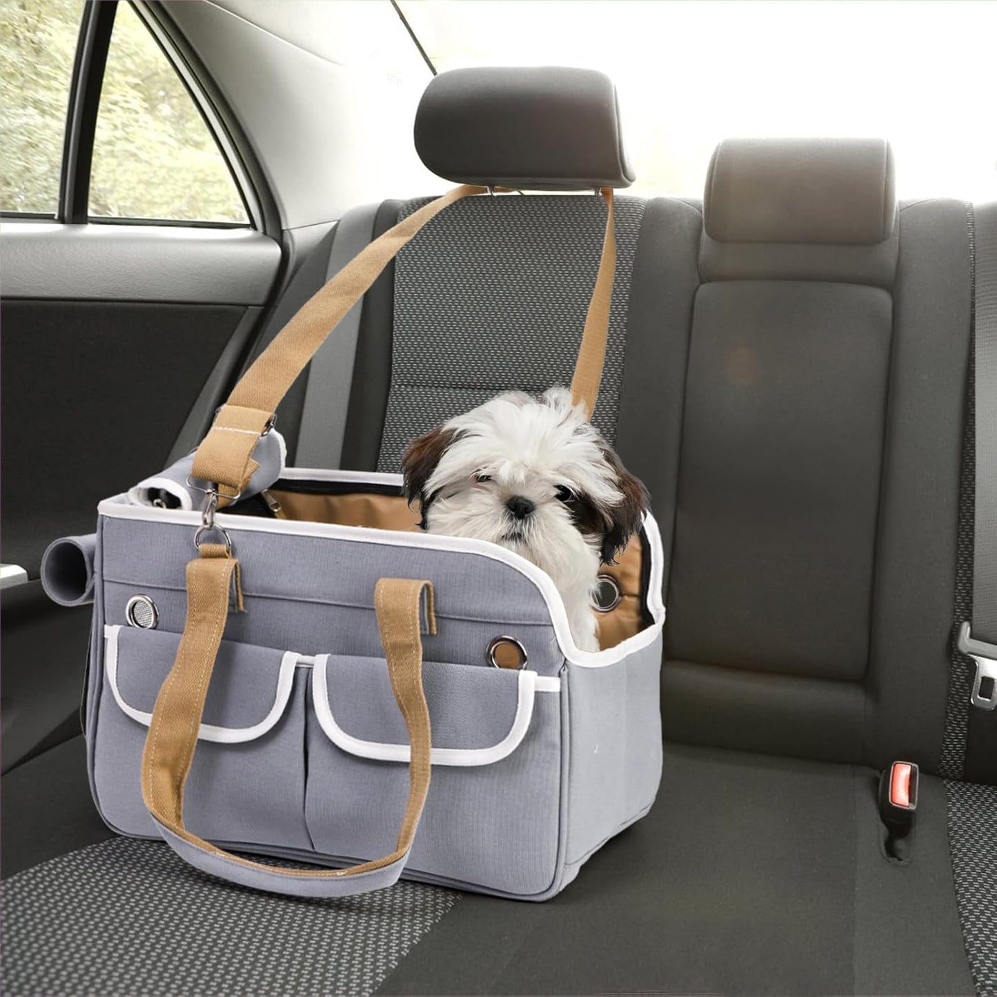 Portable Pet Travel Tote, Gray Canvas Dog Cat Carrier Bag with Shoulder Strap, Foldable Breathable Travel Bag with Multiple Pockets