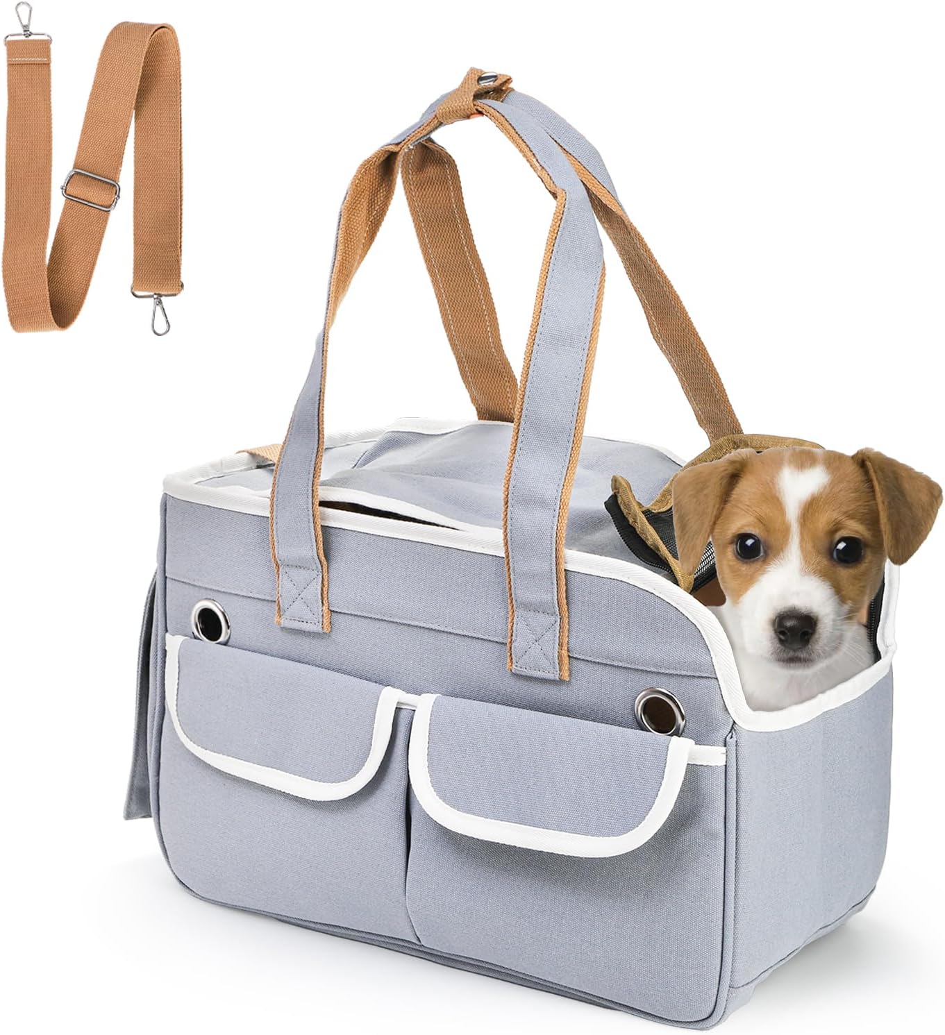 Portable Pet Travel Tote, Gray Canvas Dog Cat Carrier Bag with Shoulder Strap, Foldable Breathable Travel Bag with Multiple Pockets