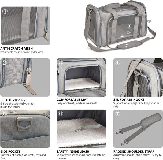 Portable Pet Travel Carrier Bag, Foldable Breathable Cat Dog Travel Tote with Soft Fleece Mat, Handheld & Shoulder Strap, Airline Approved (Gray, for Small Pets)