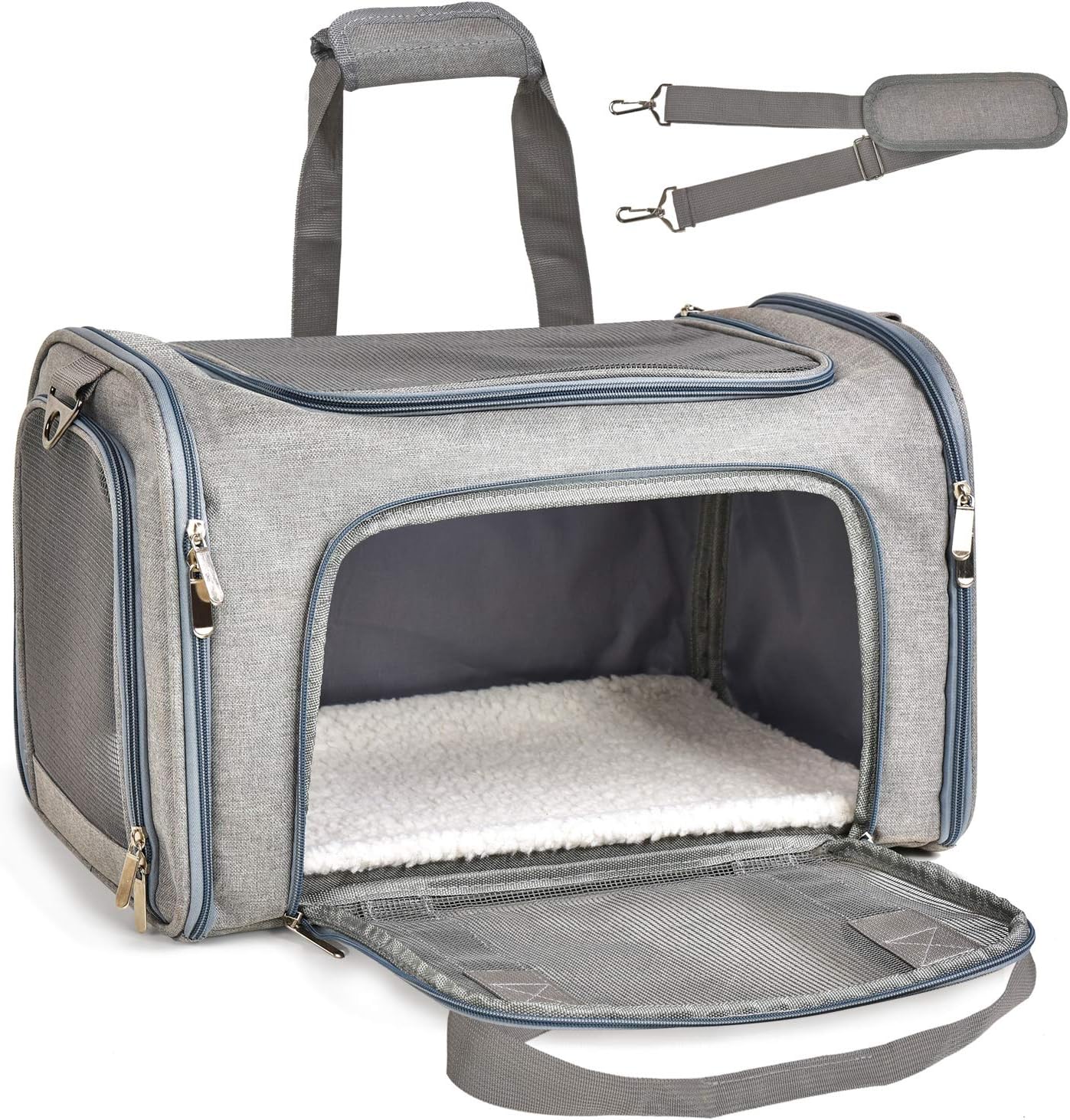 Portable Pet Travel Carrier Bag, Foldable Breathable Cat Dog Travel Tote with Soft Fleece Mat, Handheld & Shoulder Strap, Airline Approved (Gray, for Small Pets)
