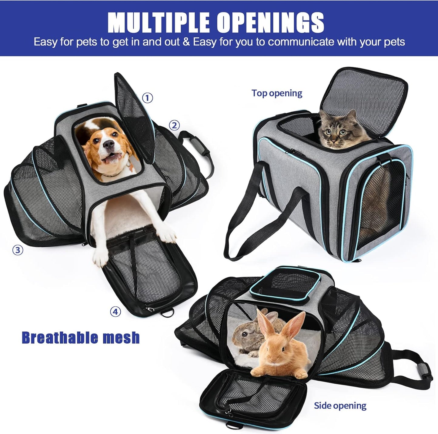 Multi-Opening Portable Pet Travel Carrier, Foldable Breathable Handbag with Shoulder Strap for Cats, Small Dogs, and Small Animals