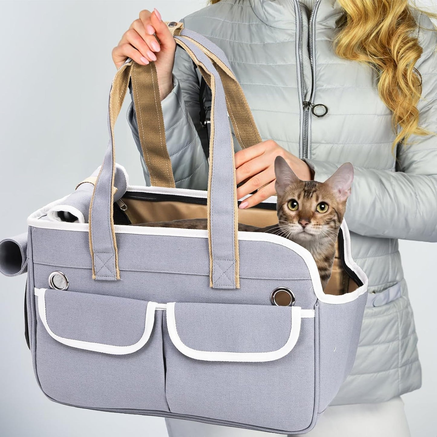 Portable Pet Travel Tote, Gray Canvas Dog Cat Carrier Bag with Shoulder Strap, Foldable Breathable Travel Bag with Multiple Pockets