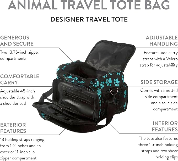 Portable Pet Travel Carrier Bag, Multi-Functional Dog Cat Tote with Breathable Mesh and Comfortable Padding, Stylish Paw Print Design (14×9×9 inches, Black & Blue)